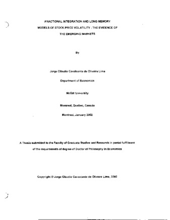 Fractional integration and long memory models of stock price volatility : the evidence of the emerging markets thumbnail