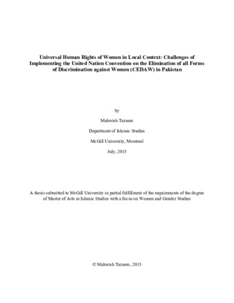 Universal Human Rights of Women in Local Context: Challenges of Implementing the United Nation Convention on the Elimination of all Forms of Discrimination against Women (CEDAW) in Pakistan thumbnail