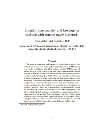 Liquid-bridge stability and breakup on surfaces with contact-angle hysteresis thumbnail