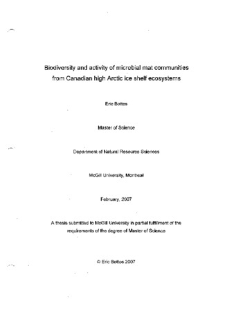 Biodiversity and activity of microbial mat communities from Canadian high Arctic ice shelf ecosystems thumbnail