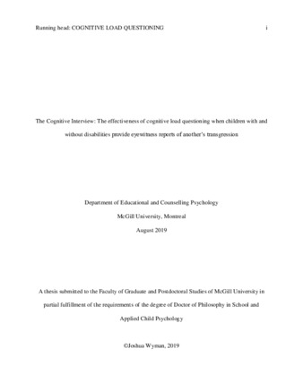 The cognitive interview: The effectiveness of cognitive load questioning when children with and without disabilities provide eyewitness reports of another's transgression thumbnail
