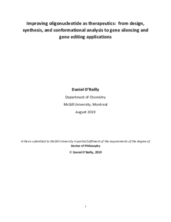 Improving oligonucleotide as therapeutics: from design, synthesis, and conformational analysis to gene silencing and gene editing applications thumbnail