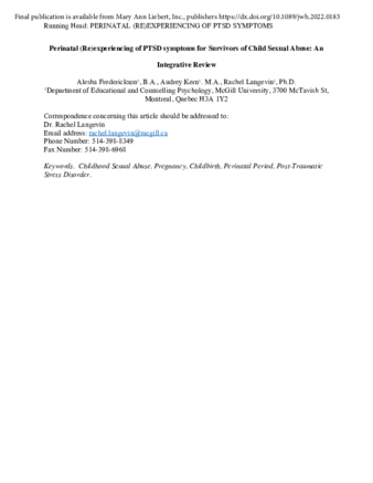 Perinatal (Re)experiencing of Post-Traumatic Stress Disorder Symptoms for Survivors of Childhood Sexual Abuse: An Integrative Review thumbnail