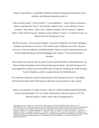 Negative emotionality as a candidate mediating mechanism linking prenatal maternal mood problems and offspring internalizing behaviour thumbnail