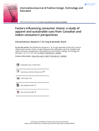 Factors influencing consumer choice: a study of apparel and sustainable cues from Canadian and Indian consumers’ perspectives thumbnail