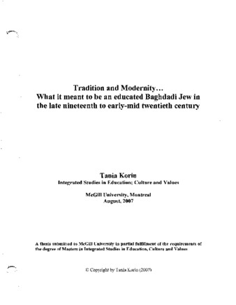 Tradition and modernity -- : what it meant to be an educated Baghdadi Jew in the late nineteenth to early-mid twentieth century thumbnail