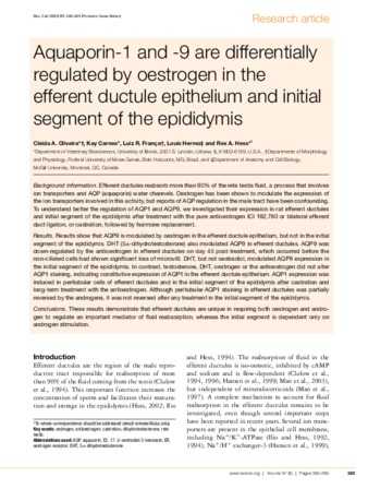 Aquaporin-1 and -9 are differentially regulated by oestrogen in the efferent ductule epithelium and initial segment of the epididymis thumbnail