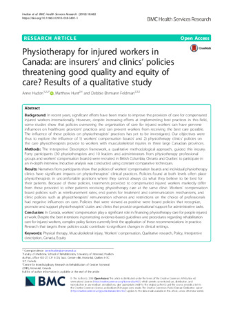 Physiotherapy for injured workers in Canada: are insurers’ and clinics’ policies threatening good quality and equity of care? Results of a qualitative study thumbnail