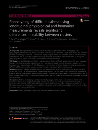 Phenotyping of difficult asthma using longitudinal physiological and biomarker measurements reveals significant differences in stability between clusters thumbnail