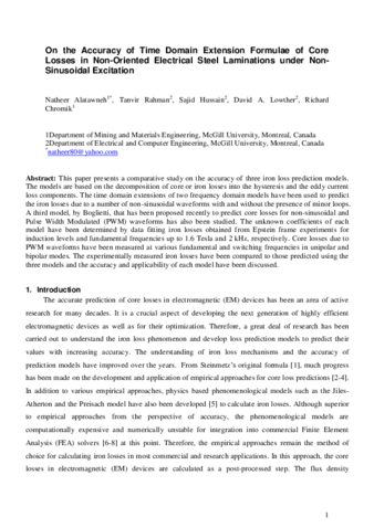 On the accuracy of time domain extension formulae of core losses in non-oriented electrical steel laminations under non-sinusoidal excitation thumbnail