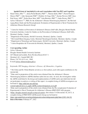 Spatial Extent of Amyloid-β Levels and Associations With Tau-PET and Cognition thumbnail