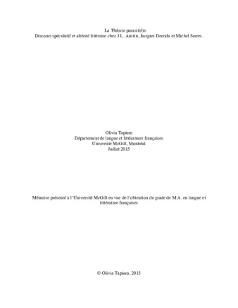 La théorie parasit(é)e. Discours spéculatif et altérité littéraire chez J.L. Austin, Jacques Derrida et Michel Serres. thumbnail