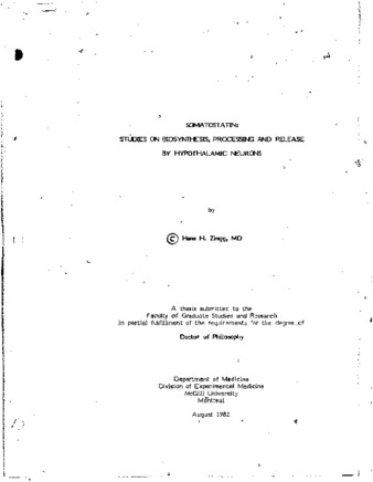 Somatostatin : studies on biosynthesis, processing and release by hypothalamic neurons thumbnail