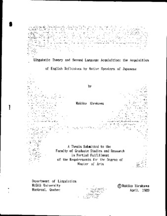 Linguistic theory and second language acquisition : the acquisition of English reflexives by native speakers of Japanese thumbnail