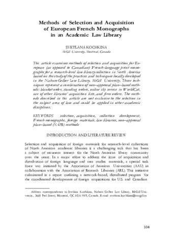 Methods of selection and acquisition of European French monographs in an academic law library thumbnail