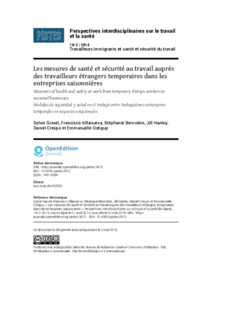 Les mesures de santé et sécurité au travail auprès des travailleurs étrangers temporaires : le cas du secteur agro-alimentaire. thumbnail