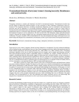 Transnational elements of newcomer women’s housing insecurity: Remittances and social networks thumbnail