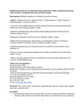 Multiple imputation for systematically missing confounders within a distributed data drug safety network: A simulation study and real-world example. thumbnail