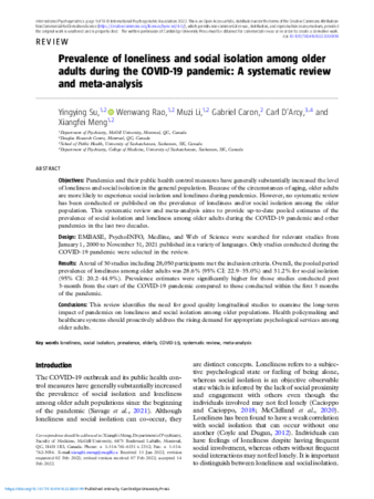 Prevalence of loneliness and social isolation among older adults during the COVID-19 pandemic: A systematic review and meta-analysis thumbnail