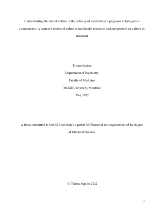 Understanding the role of culture in the delivery of mental health programs in Indigenous communities: Narrative review of online mental health resources and perspectives on culture as treatment thumbnail