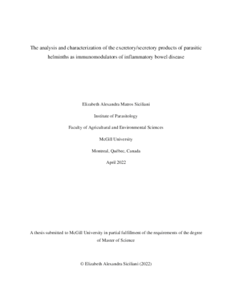 The analysis and characterization of the excretory/secretory products of parasitic helminths as immunomodulators of inflammatory bowel disease thumbnail