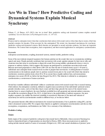 Are We in Time? How Predictive Coding and Dynamical Systems Explain Musical Synchrony thumbnail