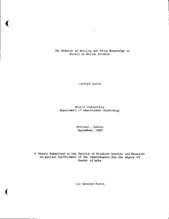 The effects of ability and prior knowledge on recall in social studies / thumbnail