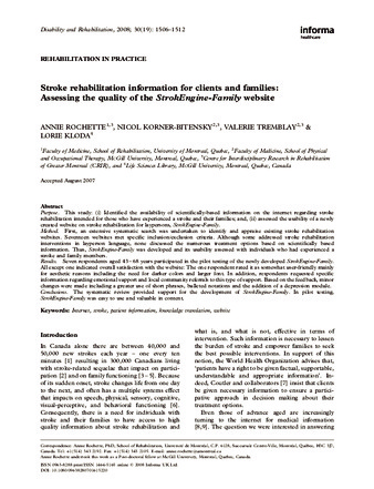 Stroke Rehabilitation information for clients and families: Assessing the quality of the StrokEngine-Family website thumbnail