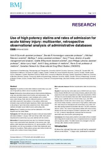 Use of high potency statins and rates of admission foracute kidney injury: multicenter, retrospectiveobservational analysis of administrative databases thumbnail