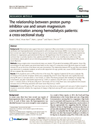 The relationship between proton pump inhibitor use and serum magnesium concentration among hemodialysis patients: a cross-sectional study thumbnail