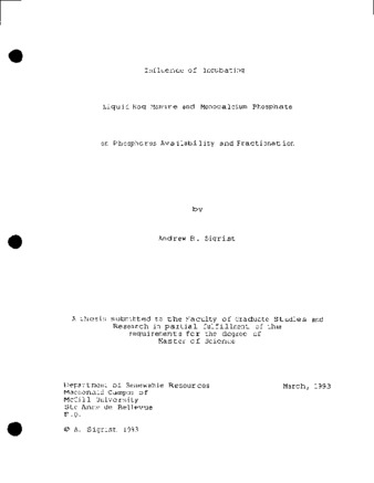Influence of incubating liquid hog manure and monocalcium phosphate on phosphorus availability and fractionation thumbnail