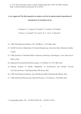 A new supported TiO2 film deposited on stainless steel for the photocatalytic degradation of contaminants of emerging concern thumbnail