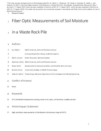 Fiber Optic Measurements of Soil Moisture in a Waste Rock Pile thumbnail