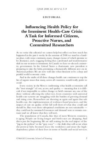 Influencing Health Policy for the Imminent Health-Care Crisis: A Task for Informed Citizens, Proactive Nurses, and Committed Researchers  thumbnail