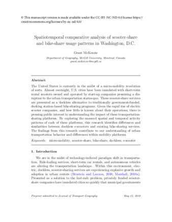 Spatiotemporal comparative analysis of scooter-share and bike-share usage patterns in Washington, D.C thumbnail