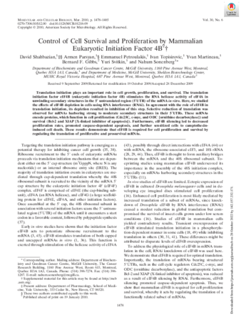 Control of Cell Survival and Proliferation by Mammalian Eukaryotic Initiation Factor 4B thumbnail