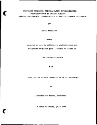 Avantages comparés, specialisation internationale intra-industrie et achats publics : aspects conceptuels, quantitatifs et institutionnels au Canada thumbnail