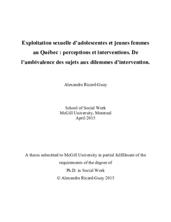 Exploitation sexuelle d’adolescentes et jeunes femmes au Québec : perceptions et interventions. De l’ambivalence des sujets aux dilemmes d’intervention thumbnail