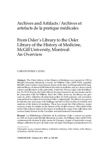 From Osler’s Library to the OslerLibrary of the History of Medicine, McGill University, Montreal: An Overview thumbnail
