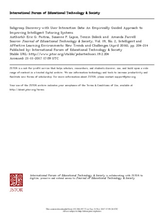 Subgroup discovery with user interaction data: An empirically guided approach to improving intelligent tutoring systems thumbnail