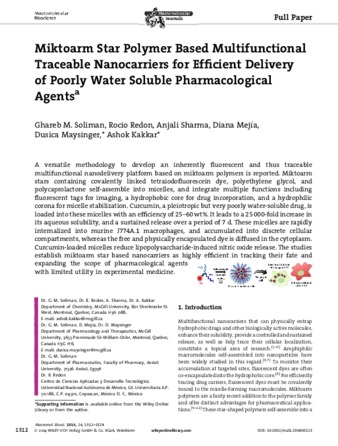 Miktoarm star polymer based multifunctional traceable nanocarriers for efficient delivery of poorly water soluble pharmacological agents thumbnail