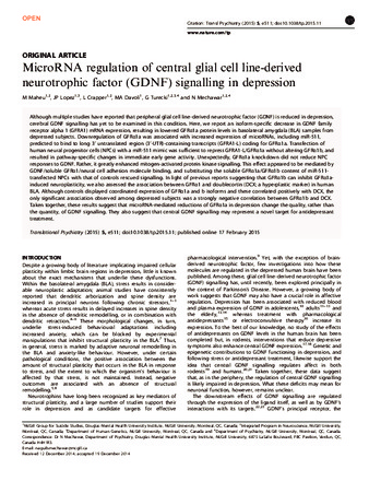 MicroRNA regulation of central glial cell line-derived neurotrophic factor (GDNF) signalling in depression thumbnail