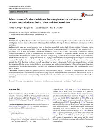 Enhancement of a visual reinforcer by D-amphetamine and nicotine in adult rats: relation to habituation and food restriction thumbnail