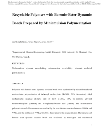 Recyclable Polymers with Boronic Ester Dynamic Bonds Prepared by Miniemulsion Polymerization thumbnail