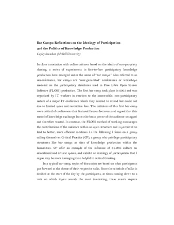 Bar Camps: Reflections on the Ideology of Participation and the Politics of Knowledge Production thumbnail