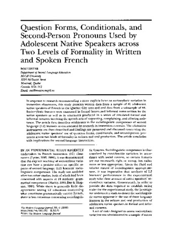 Question forms, conditionals, and second-person pronouns used by adolescent native speakers across two levels of formality in written and spoken French thumbnail