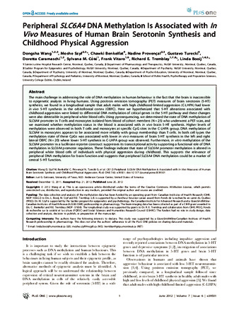 Peripheral SLC6A4 DNA Methylation Is Associated with In Vivo Measures of Human Brain Serotonin Synthesis and Childhood Physical Aggression thumbnail