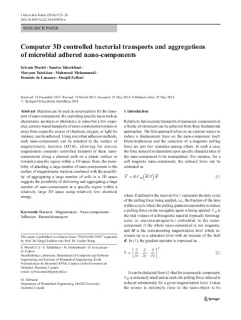 Computer 3D controlled bacterial transports and aggregations of microbial adhered nano-components thumbnail