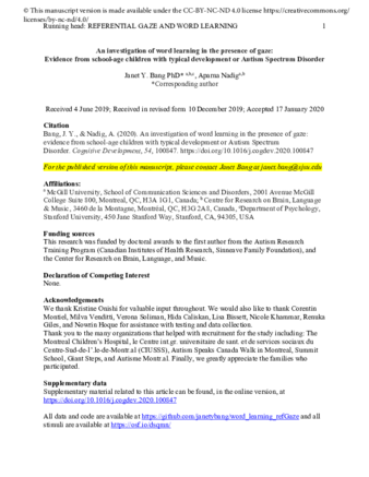 An investigation of word learning in the presence of gaze: Evidence from school-age children with typical development or Autism Spectrum Disorder thumbnail