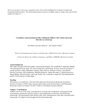 Brief Report: Vocabulary and Grammatical Skills of Bilingual Children with Autism Spectrum Disorders at School Age thumbnail